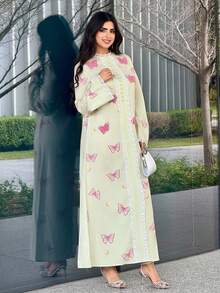 Al Najma 女士优雅长袖蕾丝拼接阿拉伯连衣裙，饰有蝴蝶贴花 - 彩色 - 查看 3