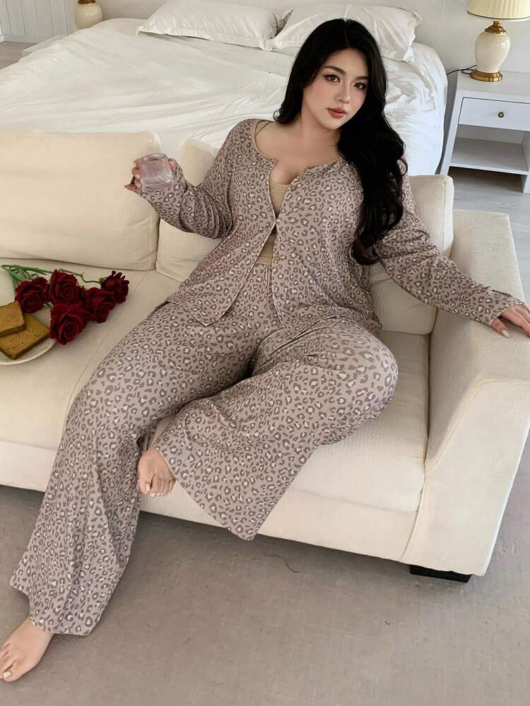 Dazy Plus Plus Size Comfortable Leopard Print Button Front Long Sleeve Top And Solid Color Camisole And Pants Pajama Set, Autumn