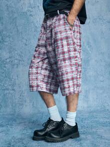 ROMWE MEN Street Life 男士格子口袋褶皱宽松休闲短裤 - 紅色 - 查看 6