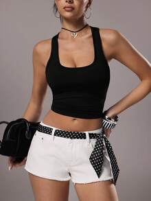 TRNVIE Fashionable Casual Distressed Low Waist Denim Shorts - Medium Wash - View 1