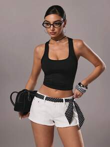 TRNVIE Fashionable Casual Distressed Low Waist Denim Shorts - Medium Wash - View 7