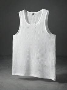 Manfinity Roghcode Men's Solid Color Large Crew Neck Hollow-Out Jacquard Knit Tank Top, Summer - White - View 1