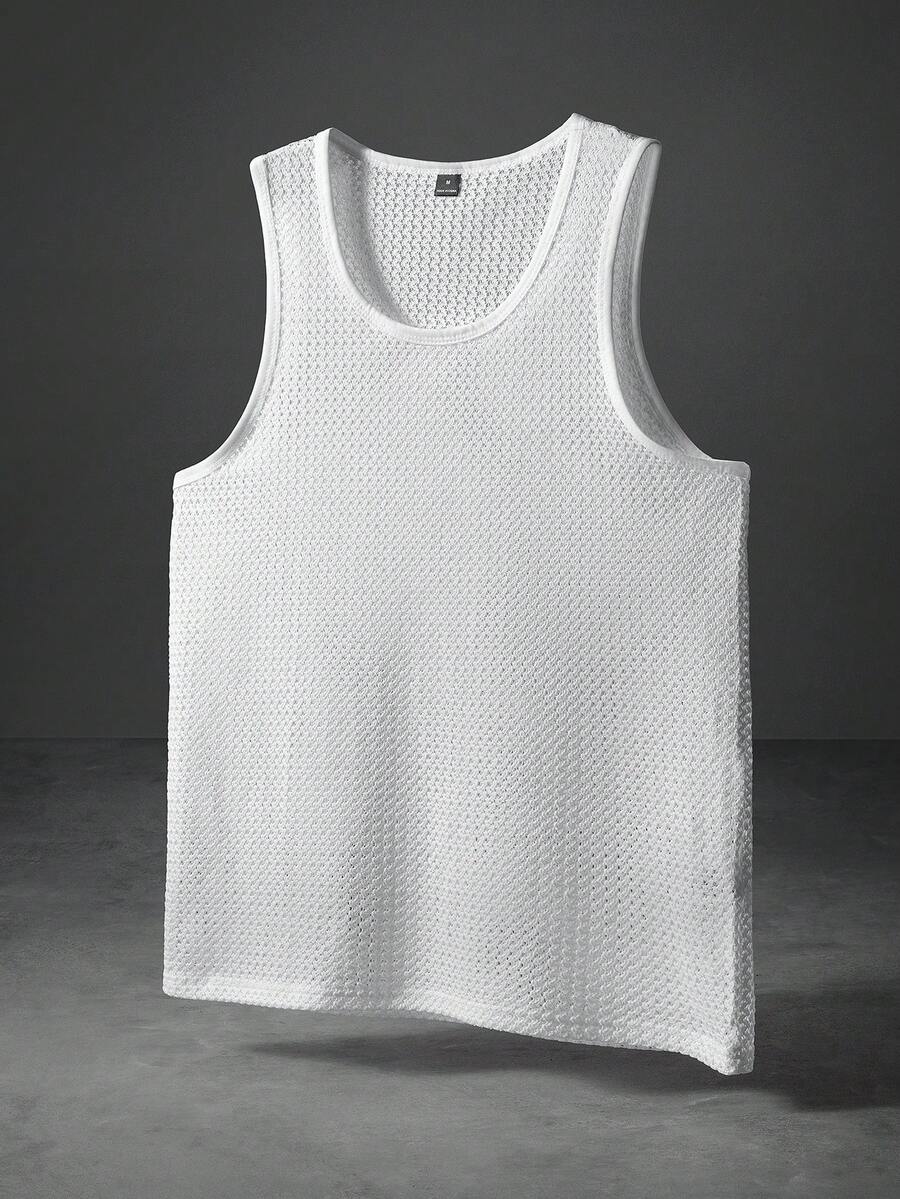 Manfinity Roghcode Men's Solid Color Large Crew Neck Hollow-Out Jacquard Knit Tank Top, Summer - White - View 1