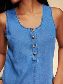 Travachic Women's Round Neck Button Half Placket Dual Pocket Casual Sleeveless Denim Romper - Medium Wash - View 5