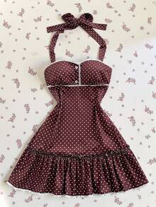 Elamini Women's Brown Polka Dot Summer Strapless Tie-Up Splice Ruffle Hem Sexy Sweet Retro Vacation Style Mini Dress - Brown - View 1