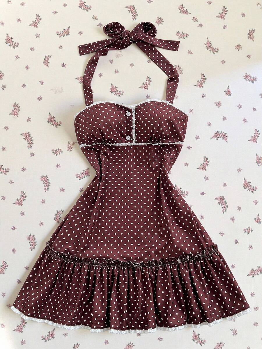 Elamini Women's Brown Polka Dot Summer Strapless Tie-Up Splice Ruffle Hem Sexy Sweet Retro Vacation Style Mini Dress - Brown - View 1