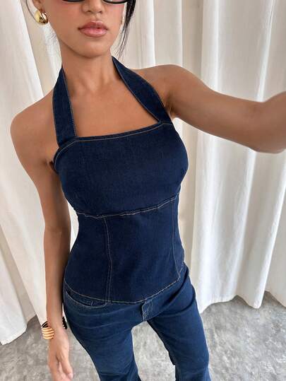 Siren Gaze Women's Casual Slim Fit Halter Neck Denim Blouse For Daily Commute
