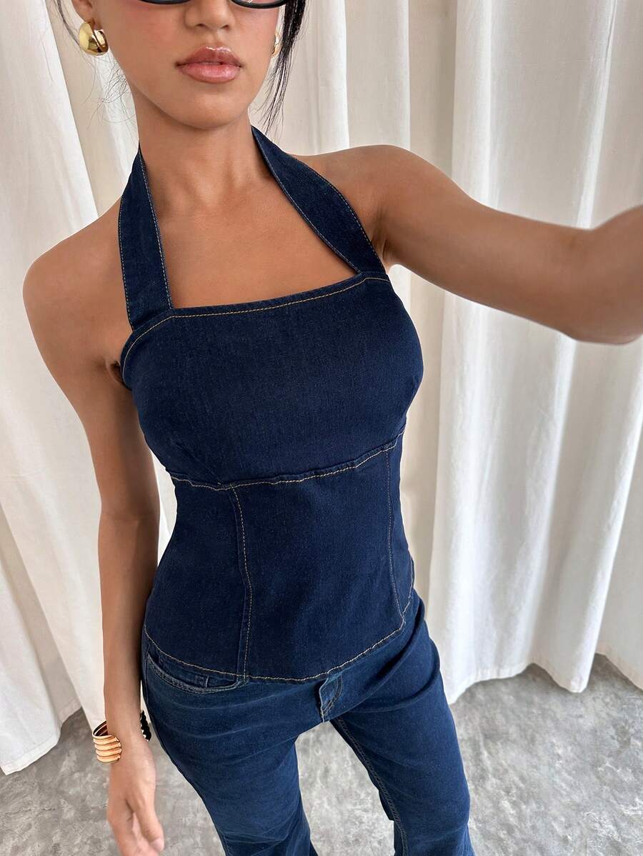 Siren Gaze Women's Casual Slim Fit Halter Neck Denim Blouse For Daily Commute - Dark Wash - View 1