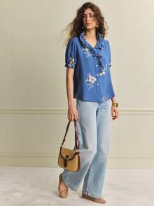 Écloséra Women's Elegant French Blue Floral Embroidered Shirt,Summer Tea Party Ruffle Commuting Fashion Craft Contrast Versatile Long-Sleeved Shirt - Blue - View 2