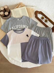 SHEIN 4pcs/Set Young Boy Casual Minimalist Round Neck Short Sleeve Shorts 2pcs Set, Suitable For Summer - Grey - View 5