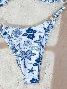 Swim Vcay 2026 Spring/Summer Adjustable Spaghetti Strap White Base Blue Underwater World Side High-Cut Pearl Buckle Splice Women Vacation Bikini Set Bikini Set Vacation Cute Bikini Seashell Bikini - Blue - View 5