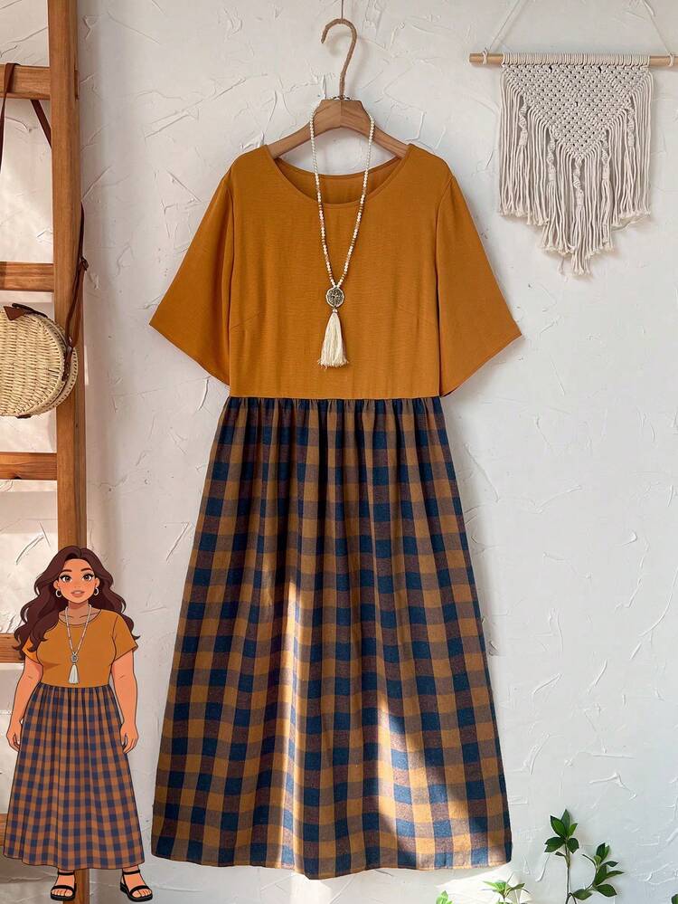 Plus Size Vintage Country Style Ripped Waist Dual Pocket Long Dress, Spring/Summer/ Vacation  Summer Dress  Summer Outfits Summer Clothes Spring Dress Spring Outfit Women Spring Clothing Country Style For Women Country Dress For Women