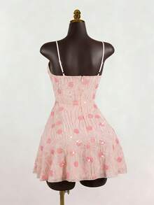 SaltGleam SaltGleam Women's Geometric Pattern Ruched Waist Elegant Date Party Spaghetti Strap Mini Dress - Baby Pink - View 2