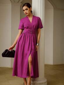 ZEYLAH Đầm midi tay ngắn bằng vải lanh, cổ chữ V sâu, trang trí khóa kim loại ở eo. - Màu tím - Xem 6