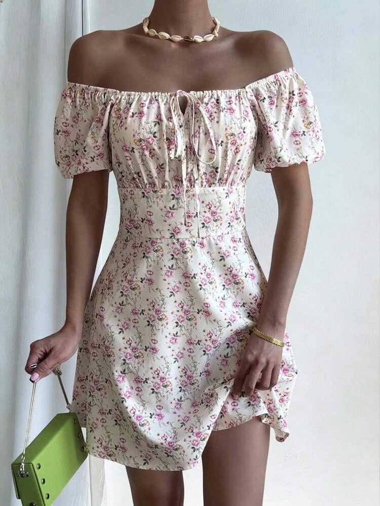 Women's Off-Shoulder Knotted Floral Print Elegant Waist Cinched Mini Dress, Suitable For Dates And Parties Summer Boho