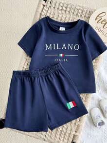 2 paquets Garçons bébé Style décontracté scolaire Confortable Mode simple Pratique Polyvalent Doux Confortable Respirant Manches courtes avec motif de lettres contrastées Convient pour le port quotidien, l'école, les sorties, les sports et le printemps/été - Bleu azur - Voir 3