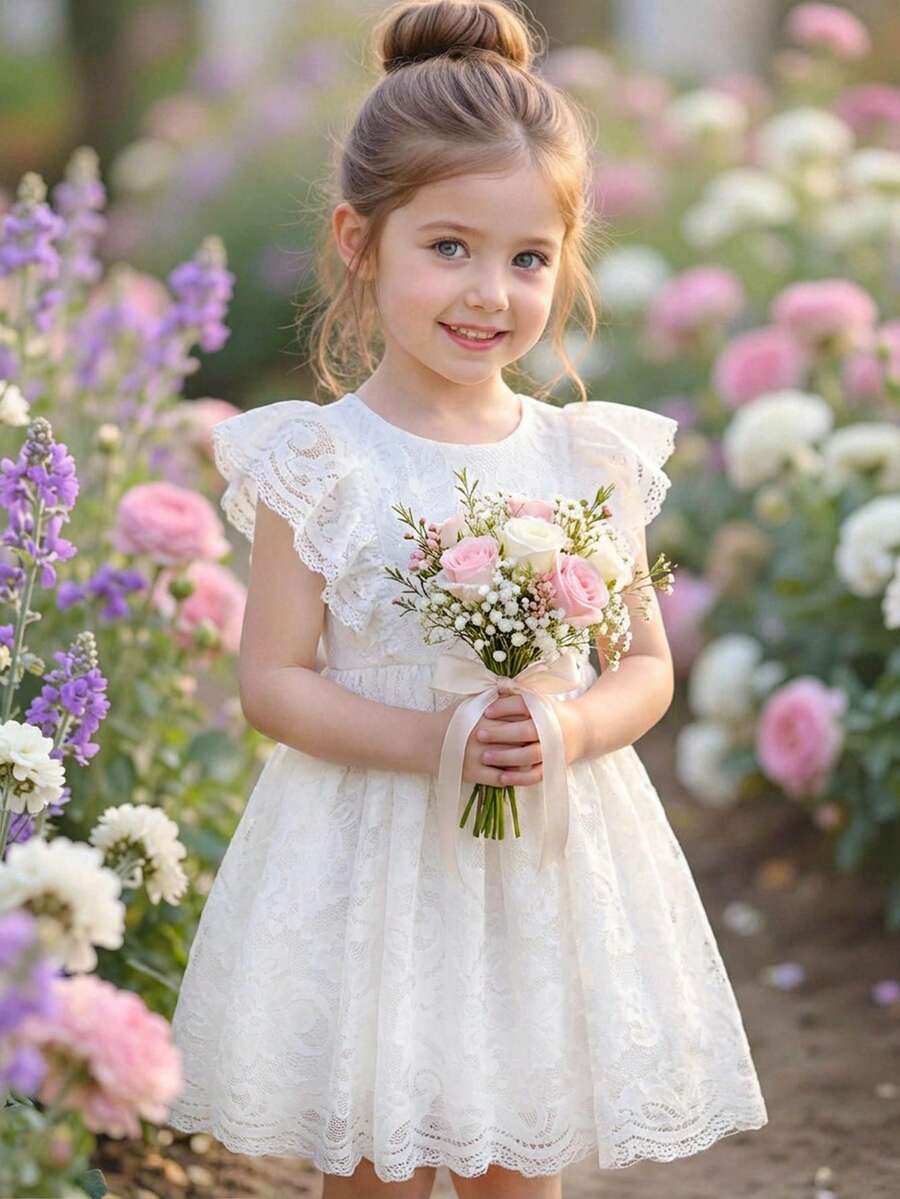 SHEIN Young Girl Elegant & Cute White Lace Ruffle Hem Dress, Young Girls - White - View 1