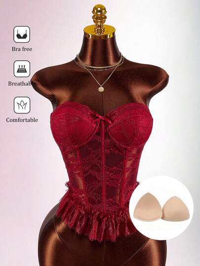Amplova Women's Lace Blouse With Sexy Waist Sheer Panel, Built-In Padded Bra And Shapewear, Suitable For Valentine's Day, Dates, New Year Outfit Sexy Red Top