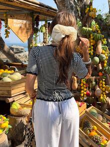 Serisse 女士休闲格纹饰边前开襟短袖衬衫，夏季款 - 黑與白 - 查看 2