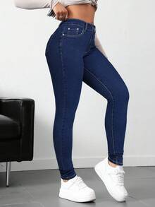 SHEIN Tall Tall Women's Stretch Washed Denim Skinny Jeans - Royal Blue - View 3