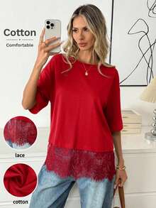 Easowa 女士黑色短袖圆领蕾丝下摆宽松T恤 - 紅色 - 查看 2