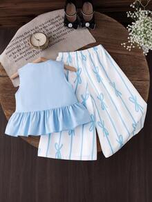 SHEIN 2 piezas Conjunto de chaleco con cuello de volantes azul y pantalones largos con estampado de moño para niña - Azul - Ver 3