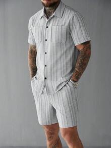 SLATEMANN Set da uomo composto da camicia a righe con bottoni e pantaloncini corti (set da 2 pezzi), un outfit casual jacquard da uomo, adatto per vacanze, spiaggia, uso casual quotidiano e abbigliamento estivo, comodo e versatile. - Grigio - Visualizzare 7
