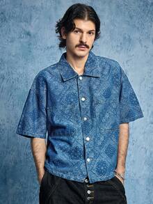 ROMWE MEN Grunge Punk Men's Turndown Collar Single-Breasted Pocket Casual Everyday Denim Short Sleeve Shirt - Blue - View 1