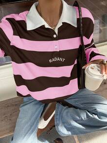 SHEIN EZwear Women's Casual Drop Shoulder Striped POLO Knit T-Shirt, Y2k Polo Shirt, Long Sleeve Striped Tees 90s - Pink - View 6