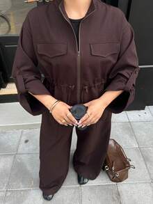 Livesso 大码纯色落肩长袖拉链抽绳腰休闲时尚两件套家居服套装（女款） - 咖啡棕 - 查看 4