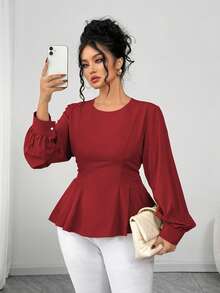 Elenzga Áo cánh dài tay cổ tròn nhún bèo thanh lịch cỡ lớn dành cho nữ - Đỏ - Xem 1