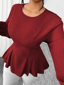 Elenzga Áo cánh dài tay cổ tròn nhún bèo thanh lịch cỡ lớn dành cho nữ - Đỏ - Xem 5
