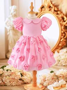 SHEIN Genkimix Kids Vestido de festa infantil com mangas em formato de pétala e detalhe floral, cintura franzida, elegante vestido de tule com flores para meninas, para todas as estações. - Rosa - Ver 3