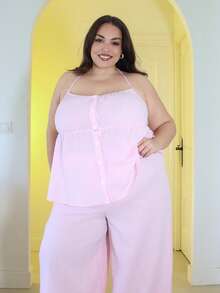 Pretty and Ole Conjunto de 2 piezas: Blusa de cuello halter con rayas y pantalón ancho holgado para mujer talla grande, uso casual y diario - Rosa - Ver 5