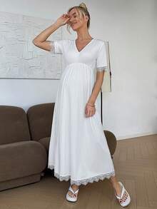 SHEIN Maternity Casual V-Neck Lace Patchwork Dress - White - View 9