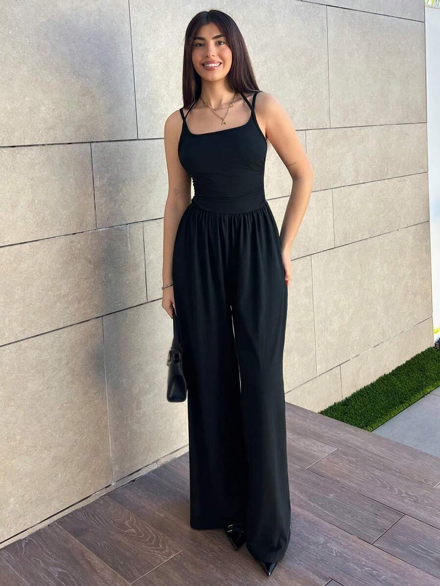 Hitanina 女士休闲百褶宽松直筒连体裤，可调节肩带，春夏 - 黑色 - 查看 1