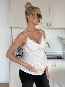 SHEIN 孕妇蕾丝印花修身吊带背心 - 彩色 - 查看 5