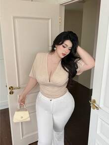 Vibekara V-Neck Casual Commuter Cinched Waist Batwing Sleeve Women T-Shirt, Spring/Summer - Beige - View 3