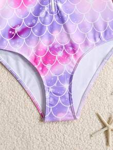 SHEIN 少女休闲简约圆领长袖连体泳衣，霓虹爱心印花连体泳衣，夏季款 - 粉色 - 查看 6