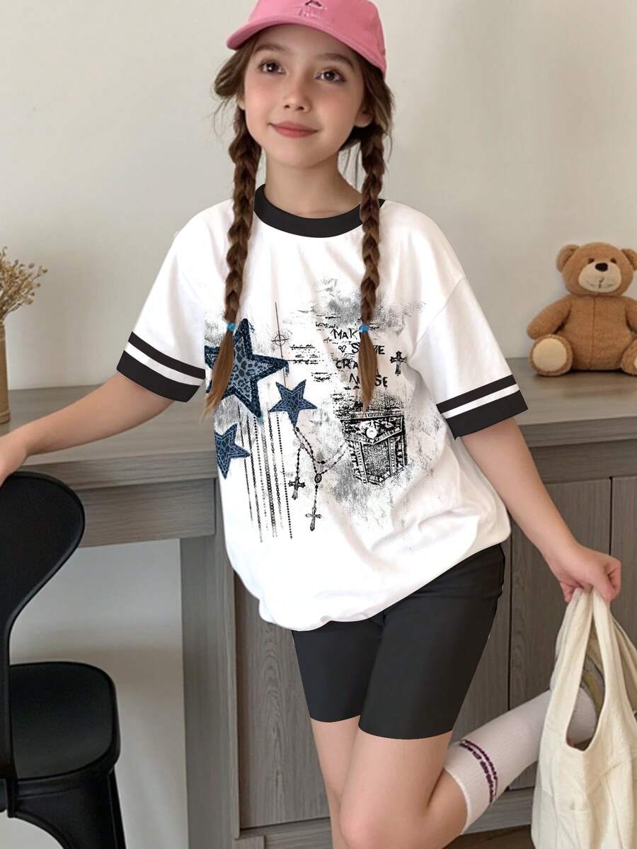 两件套少女休闲简约朋克风五角星印花短袖T恤短裤套装,适合夏季,姐妹装,适合度假、派对和日常穿着 - 彩色 - 查看 1
