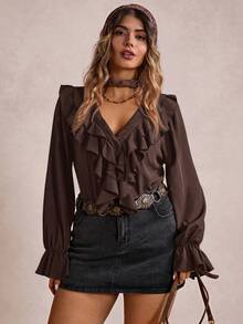 Freevana Plus Size Elegant V-Neck Long Sleeve Shirt With Ruffle Trim - Coffee Brown - View 4
