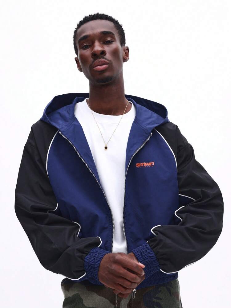 Full Zip Color Block Hoodie With Drawstring