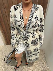 Dazy Plus Plus Size Summer Vacation Beach Allover Print Coverup Dress - Apricot - View 8