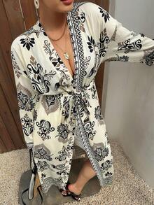 Dazy Plus Plus Size Summer Vacation Beach Allover Print Coverup Dress - Apricot - View 9