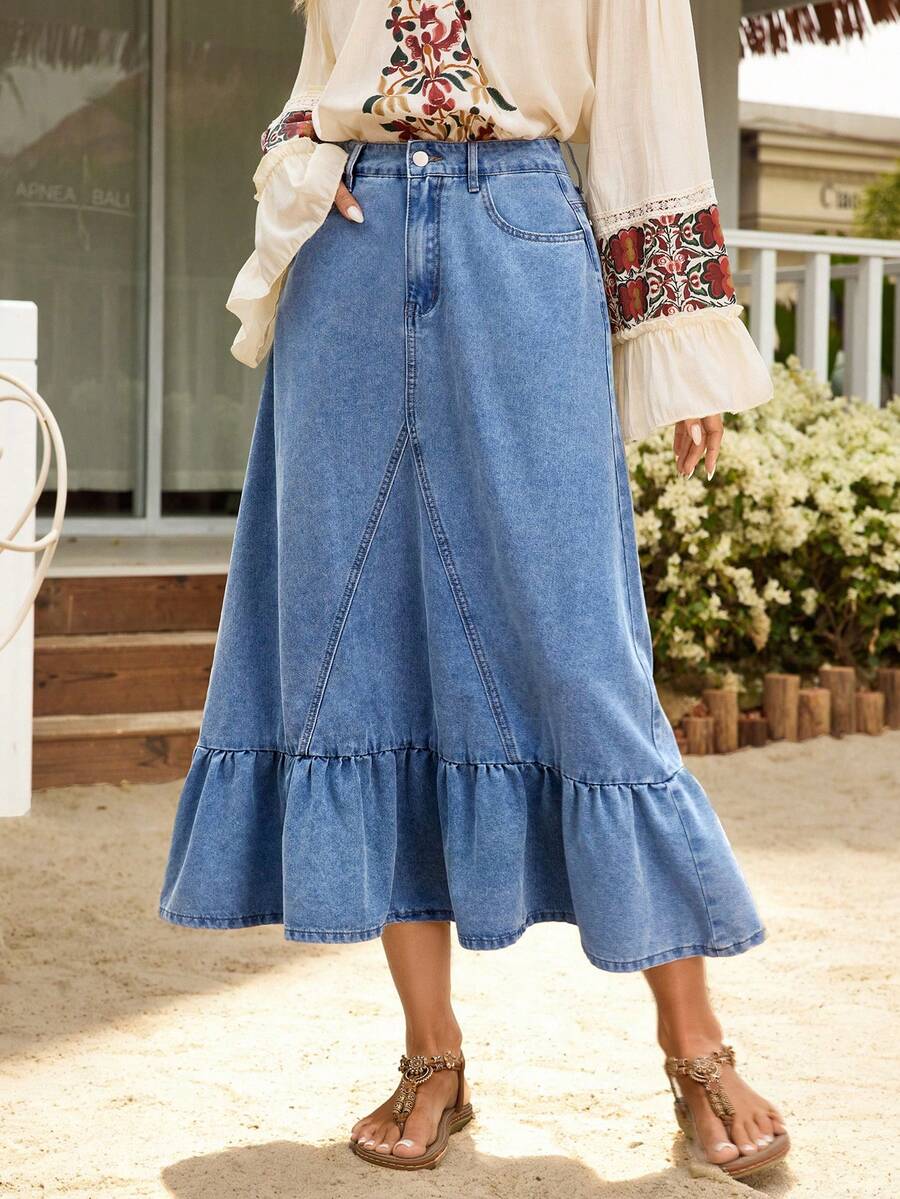 EMERY ROSE 女士休闲日常牛仔半身裙，荷叶边下摆，斜插口袋，秋季款 - 藍色 - 查看 1