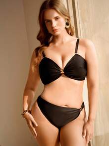 Swim Chiccia Plus Size Solid Color Swimwear Set - Black - View 5