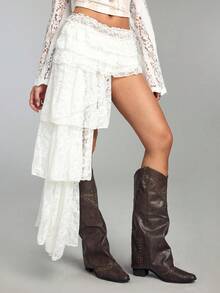 ROMWE Hippie Vacation Music Festival Low Waist Layered Ruffle Asymmetrical Lace Women Skirt - White - View 4