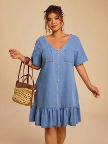 Travachic Vestido de mezclilla informal con volantes en el bajo para tallas grandes - Azul lavado medio - Ver 7