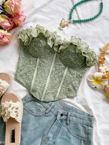 Soleia Top tubo ajustado con volantes romántico y sexy, adecuado para vacaciones, citas, San Valentín, tarde de té - Verde - Ver 3