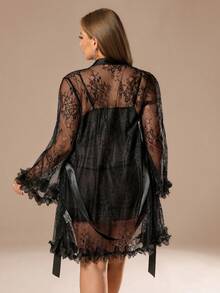 Auralis 1 Set Plus Size Women Lace Robe With 3D Floral Decor + Plus Size Lace Camisole Slip Dress With Waist Cinching Design For Valentine's Day Spring/Summer Black Sexy Sleepwear Outfit Set Women Spring Sexy Black Set For Elegant Women - Black - View 2
